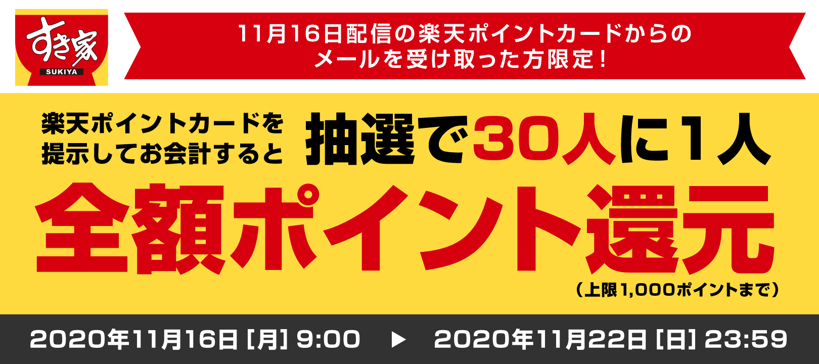 すき家【11月16日配信の楽天ポイントカードからのメールを受け取った方限定！】楽天ポイントカードを提示してお会計すると抽選で30人に1人全額ポイント還元！