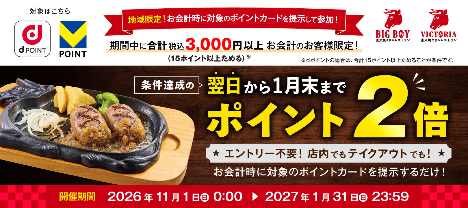 2026年11月1日（日）～2027年1月31 日（日）<br>ビッグボーイ・ヴィクトリアステーション dポイント・Vポイント 最大2倍キャンペーン