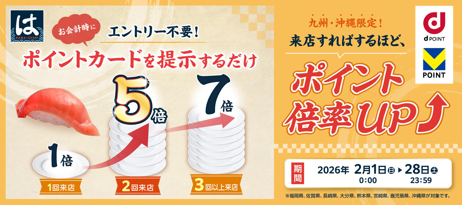 2026年2月1日（日）～2 月28 日（土）<br>はま寿司九州・沖縄地方ｄポイント・Vポイント最大7倍キャンペーン