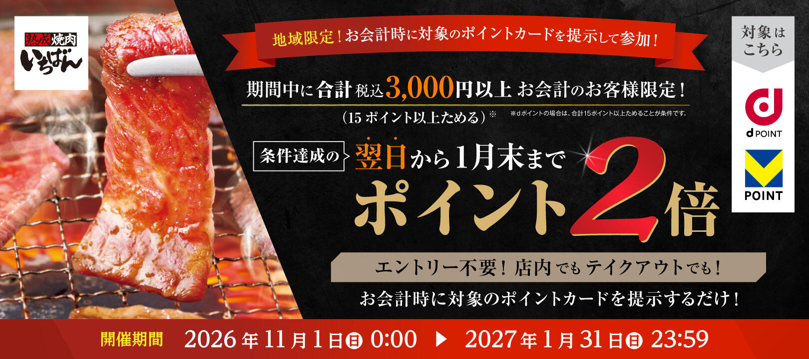 2026年11月1日（日）～2027年1月31 日（日）<br>熟成焼肉いちばん dポイント・Vポイント 最大2倍キャンペーン