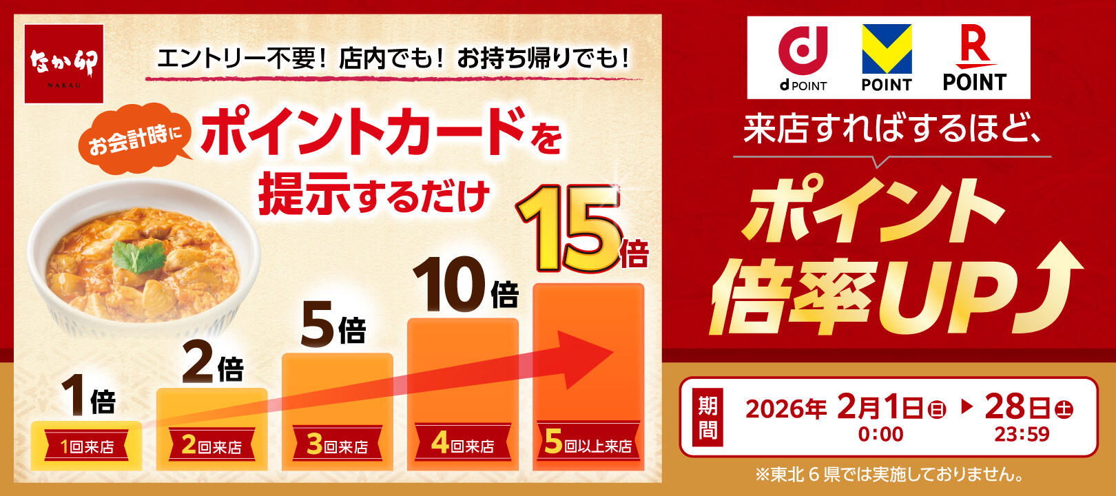 2026年2月1日（日）～2月28 日（土）<br>なか卯・dポイント・Vポイント・楽天ポイント最大15倍キャンペーン