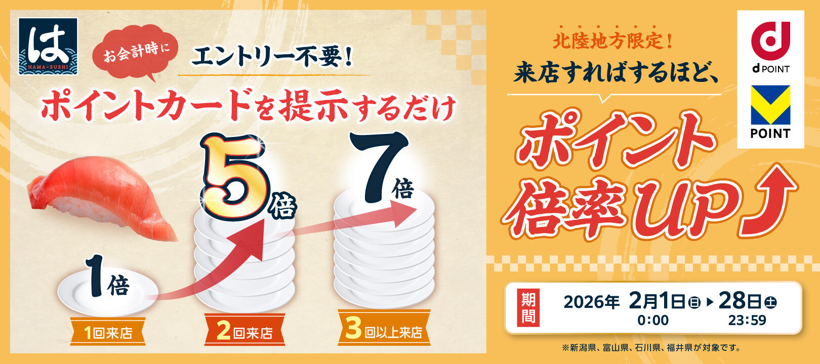 2026年2月1日（日）～2 月28 日（土）<br>はま寿司北陸地方ｄポイント・Vポイント最大7倍キャンペーン