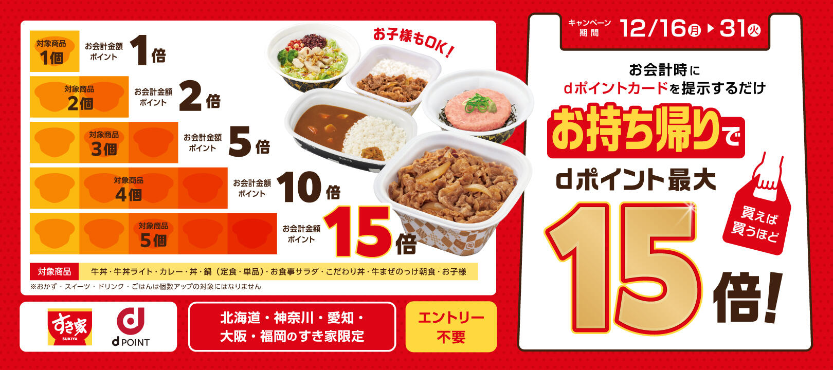 2024年12月16日（月）～12月31 日（火）<br>dポイント_すき家地域限定テイクアウト商品ポイント最大15倍キャンペーン