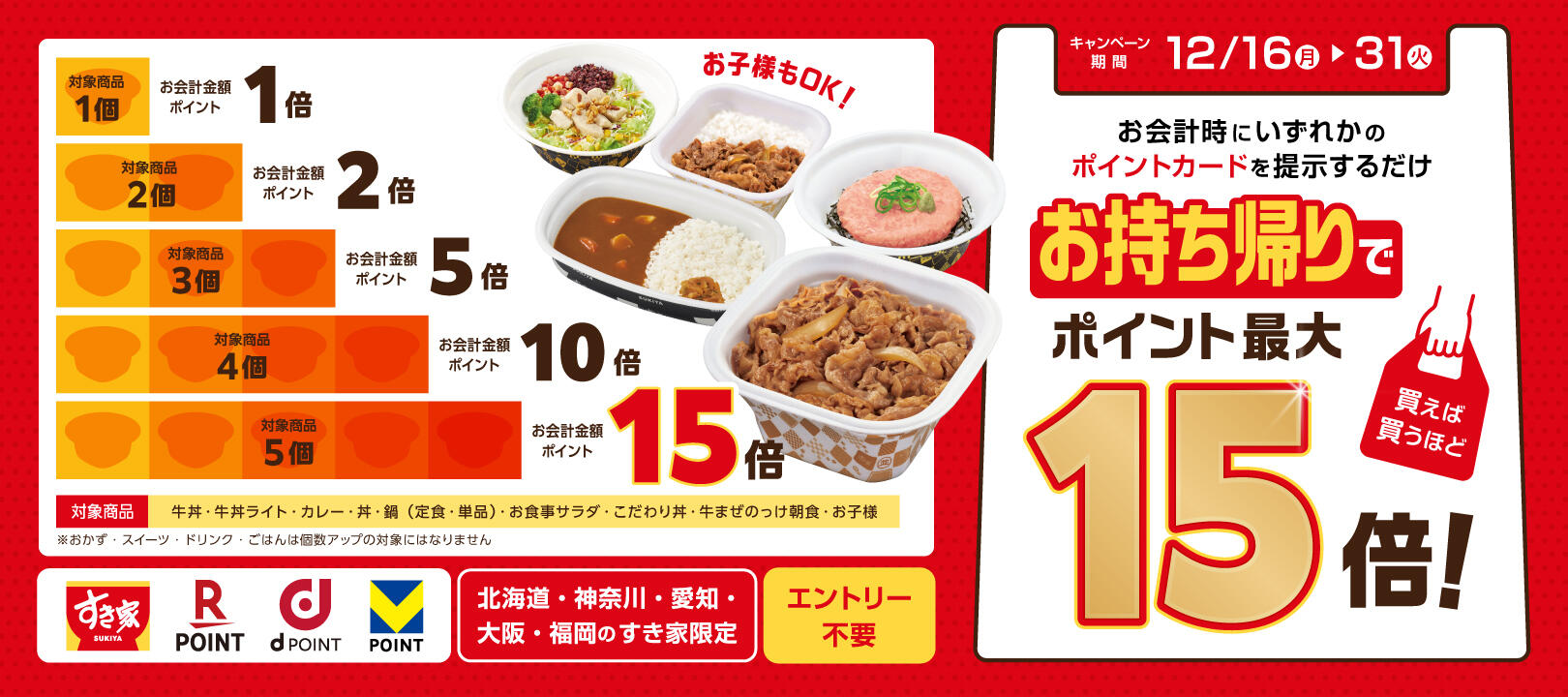 2024年12月16日（月）～12月31 日（火）<br>すき家地域限定お持ち帰り商品ポイント最大15倍キャンペーン